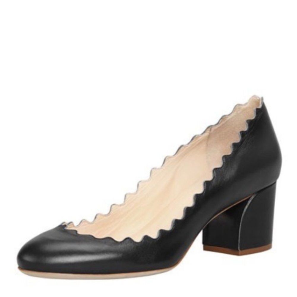 CHLOE Lauren Scalloped Leather Pumps Curved Block Heels Slip On 37.5 / 7.5 Black - Picture 2 of 16
